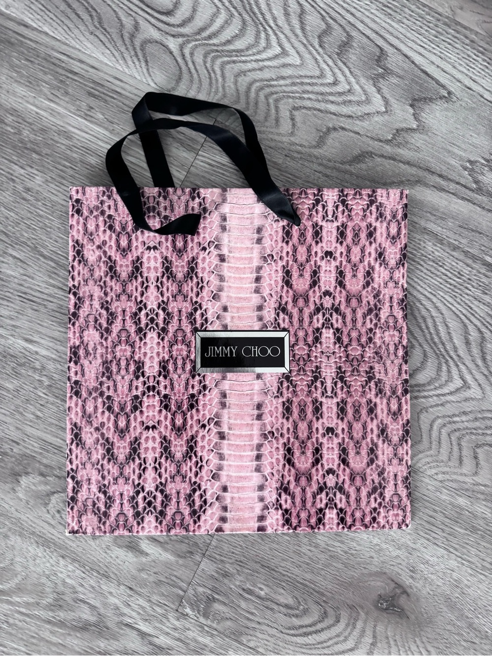 Jimmy Choo Pink Snake-Print Tote with Black Ribbon Handles 10x10